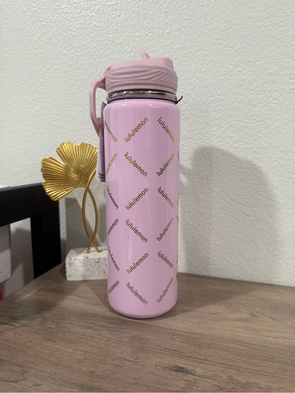 lululemon athletica Pink Stainless Water Bottle with Gold Logo